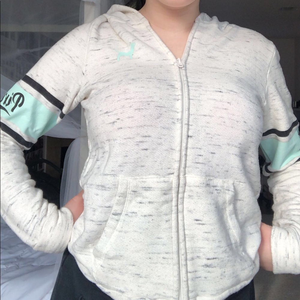 Pink hooded zip-up jacket. XS fit is S-M